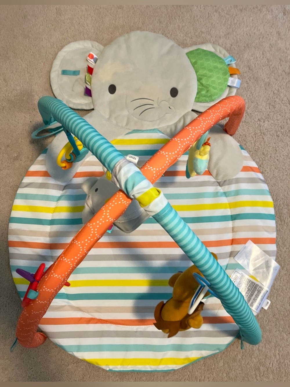Plush Elephant Baby Play Gym - Gray with Multicolor Stripes